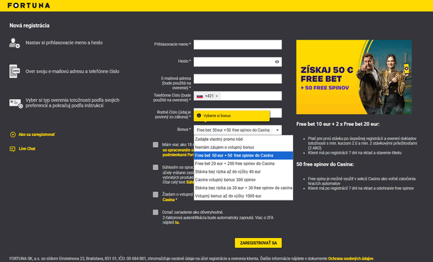 Registračný formulár k&nbsp;free betu 50 €.