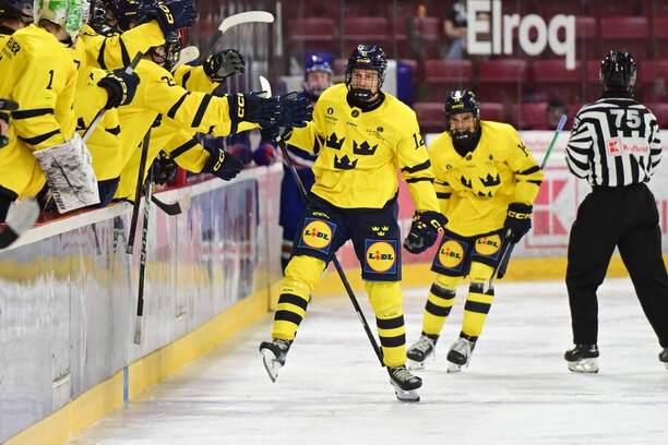 Radosť švédskych hokejistov po góle na Hlinka Gretzky Cupe 2025.