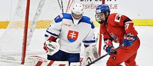 Slovenský brankár Denis Čelko a český útočník Michal Hartl na Hlinka Gretzky Cupe 2025.