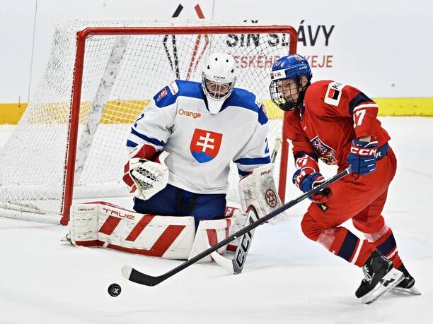 Slovenský brankár Denis Čelko a český útočník Michal Hartl na Hlinka Gretzky Cupe 2025.