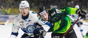 Zľava bývalý obranca HK Nitra Luke Green a súčasný útočník Vlci Žilina Jakub Kolenič.