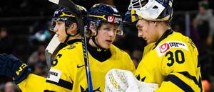 Sprava brankár Švédska Love Härenstam a útočník Ivar Stenberg.